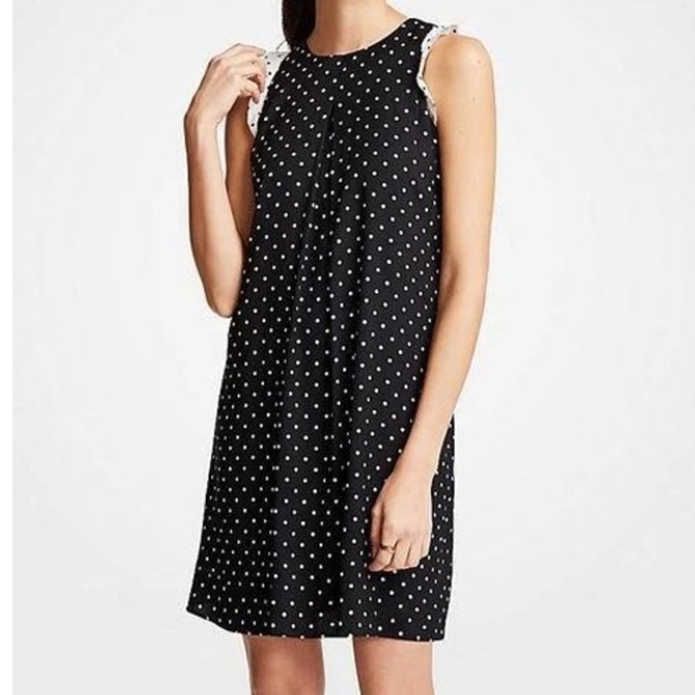 Ann Taylor Polka Dot Ruffle Sleeveless Shift Dress Black White‎ Women's Size L